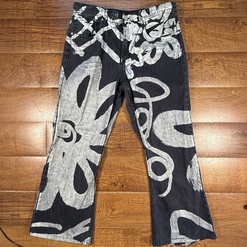 BDG 90s Bootcut Jeans Women 32 Black White Abstract Floral Print High Rise